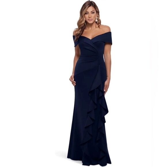Xscape 4581X Long Scuba Off-the-Shoulder Ruffle Dress size 10 NWT $288 - Picture 3 of 6